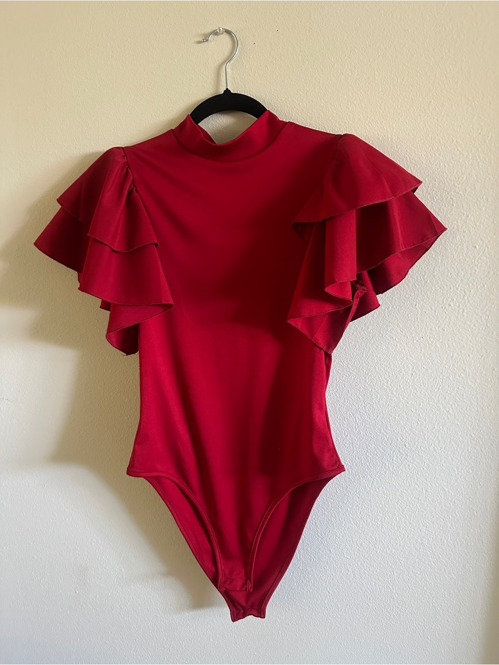 SHEIN Red Ruffle Sleeve Mock Neck Bodysuit with Layered Flutter Sleeves